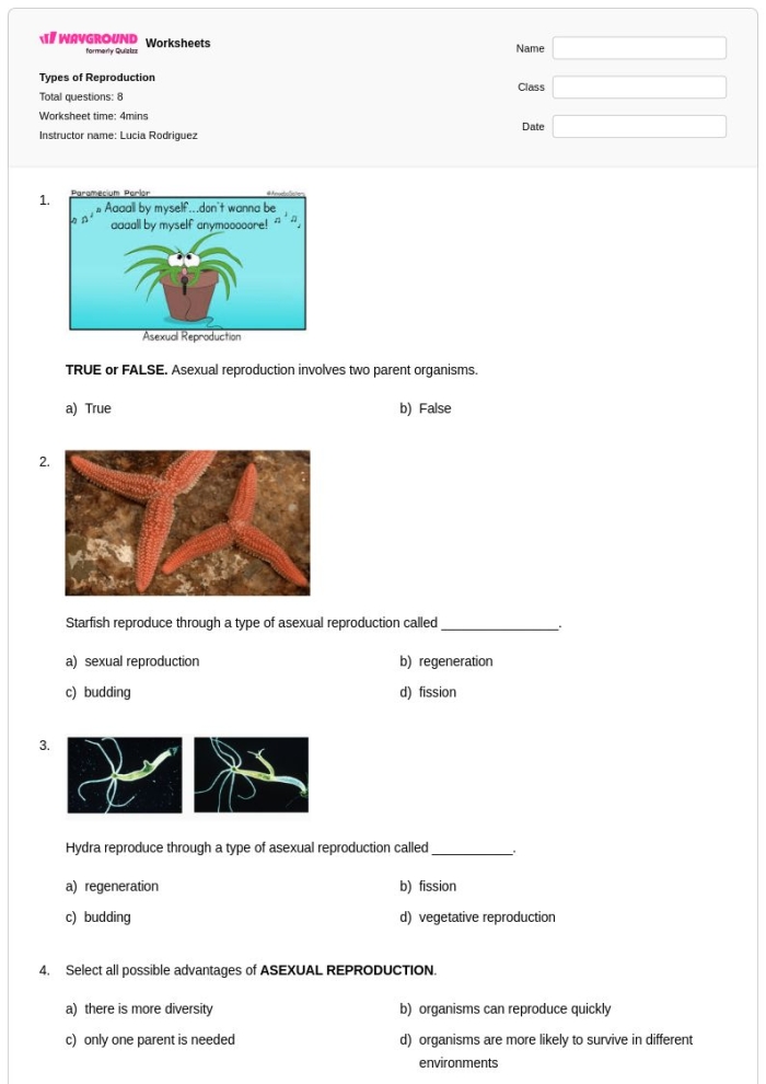 Diagram showing asexual and sexual reproduction methods in various organisms for sixth grade science
