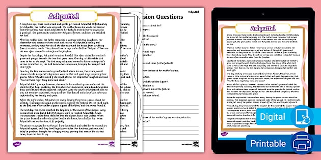 A sixth grade student completing an extended reading comprehension worksheet about the Grimm Brothers' fairy tale Ashputtel with questions to build reading skills