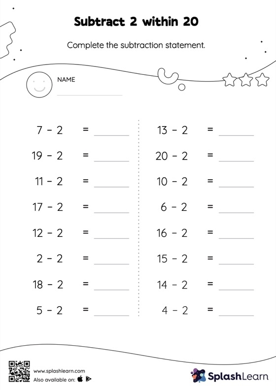 Assessment: Subtraction to 20 worksheet for First Grade