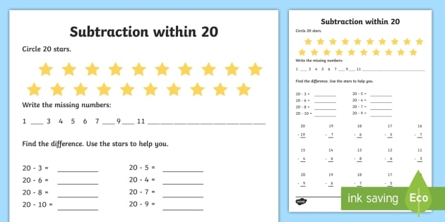Assessment: Subtraction to 20 worksheet for First Grade