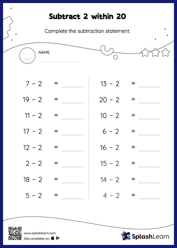 Assessment: Subtraction to 20 worksheet for First Grade