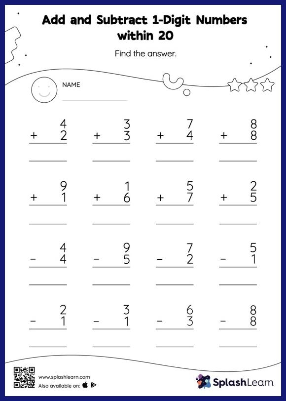 First grade students solving subtraction problems up to 20 on a math assessment worksheet