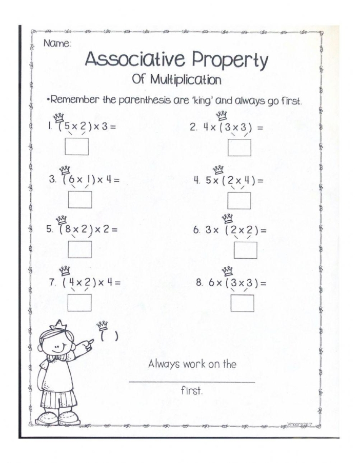 Worksheet illustrating the associative property of multiplication for third graders