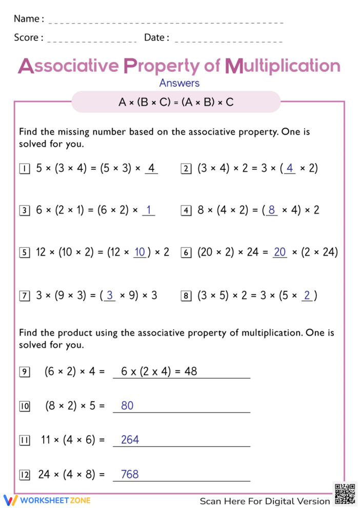 Worksheet illustrating the associative property of multiplication for third graders. Engaging activity to help children understand multiplication concepts.