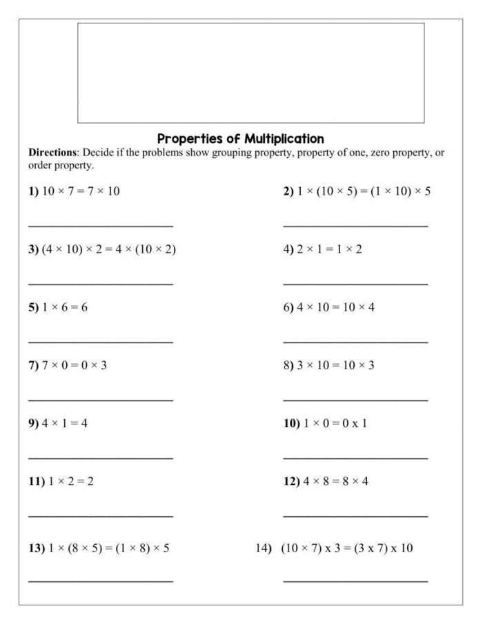 Worksheet demonstrating the associative property of multiplication for third graders