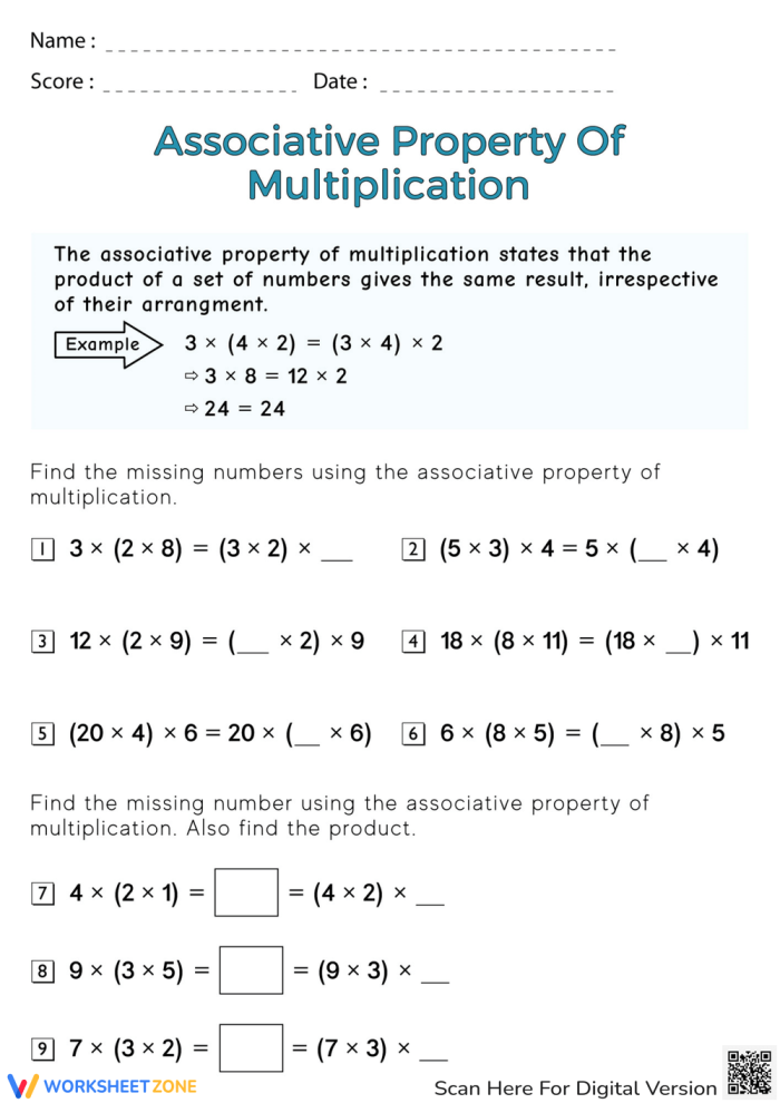 Worksheet illustrating the associative property of multiplication for third graders