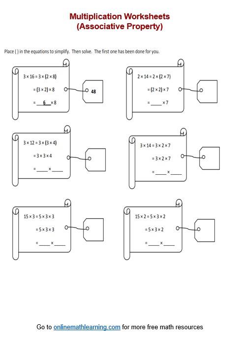 Worksheet illustrating the associative property of multiplication for third graders