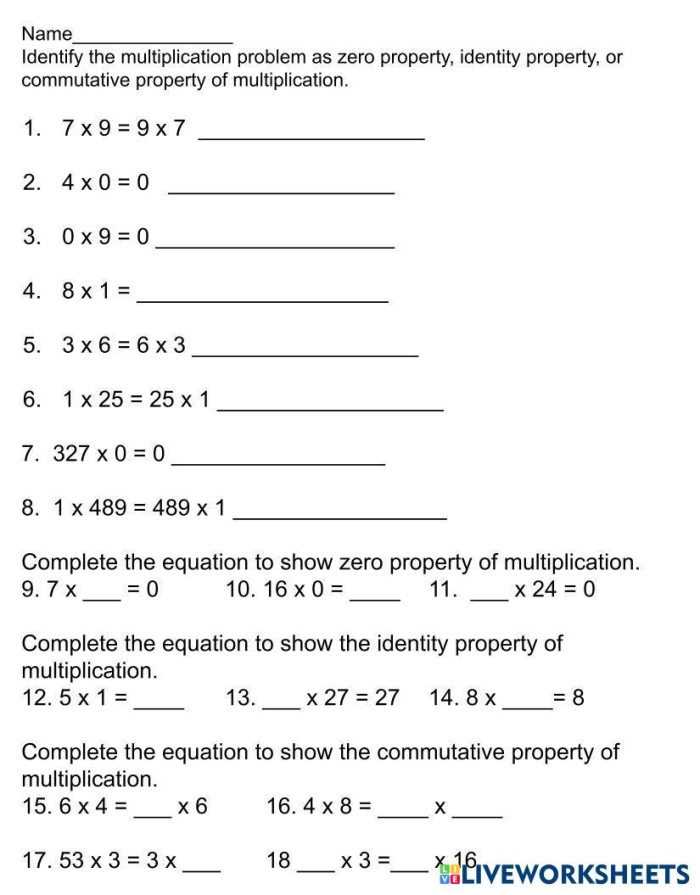 Worksheet illustrating the associative property of multiplication for third graders