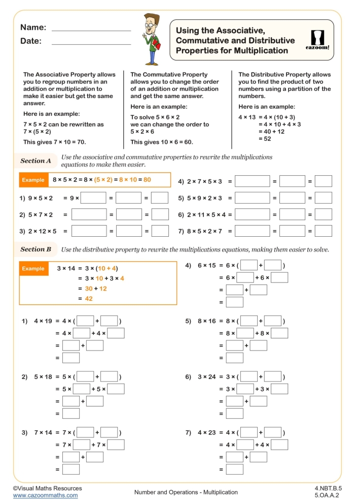 Worksheet illustrating the associative property of multiplication for third graders