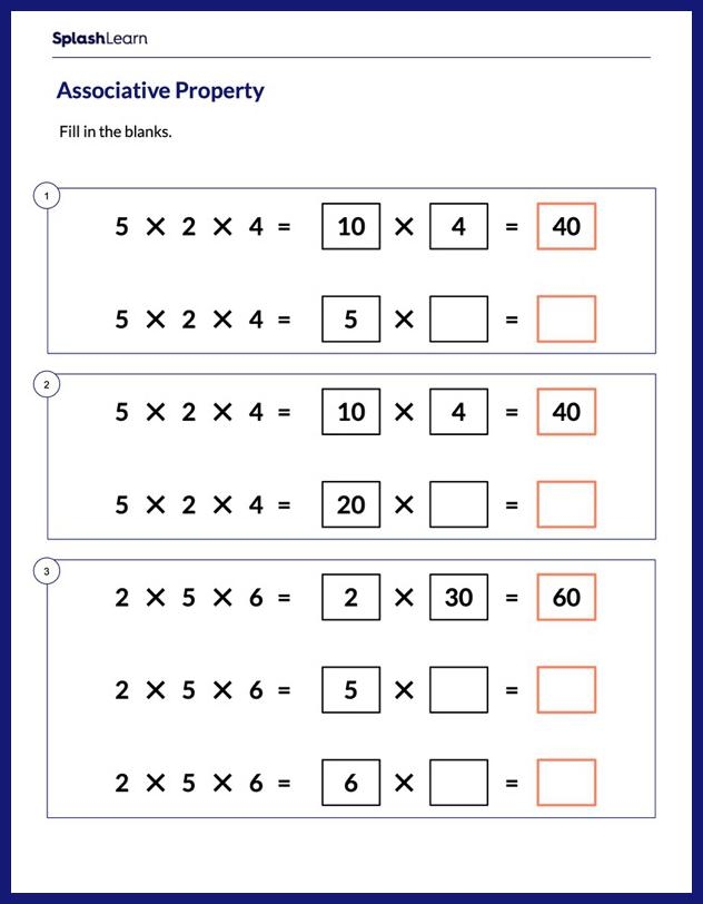 Worksheet illustrating the associative property of multiplication for third graders
