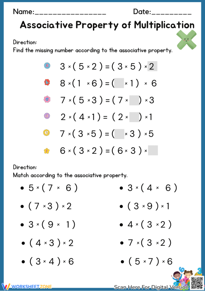 Worksheet illustrating the associative property of multiplication for third graders