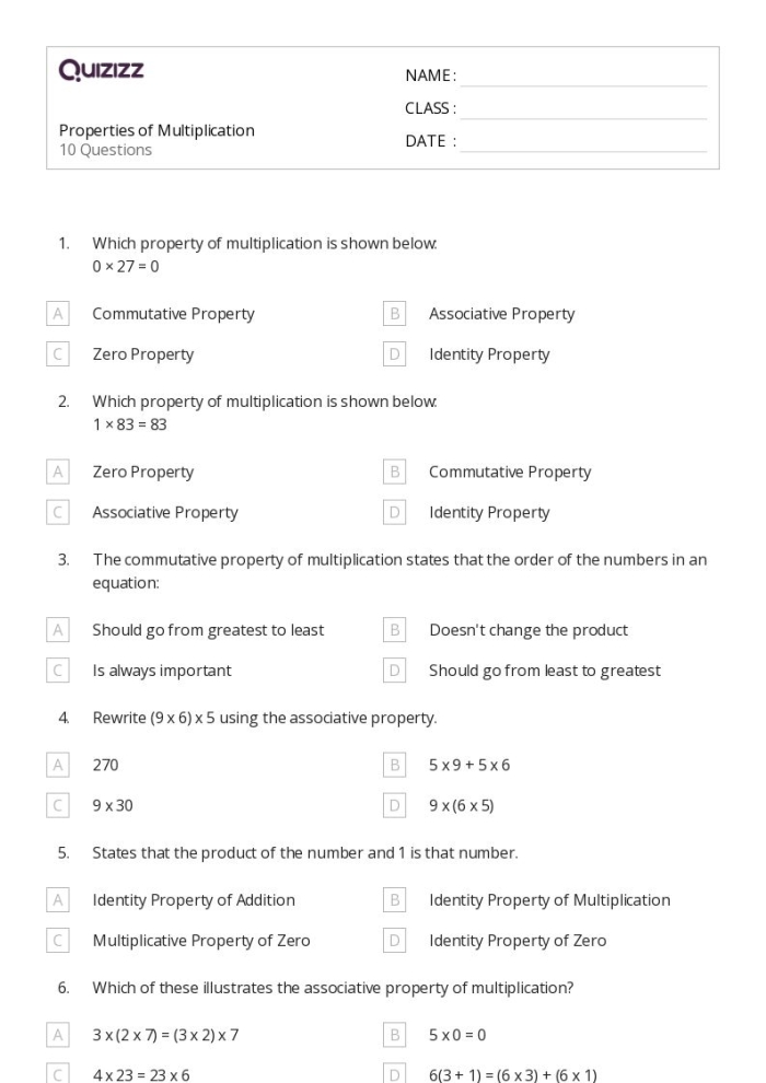 Worksheet featuring the associative property of multiplication for third graders
