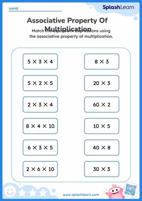 Worksheet illustrating the associative property of multiplication for third graders