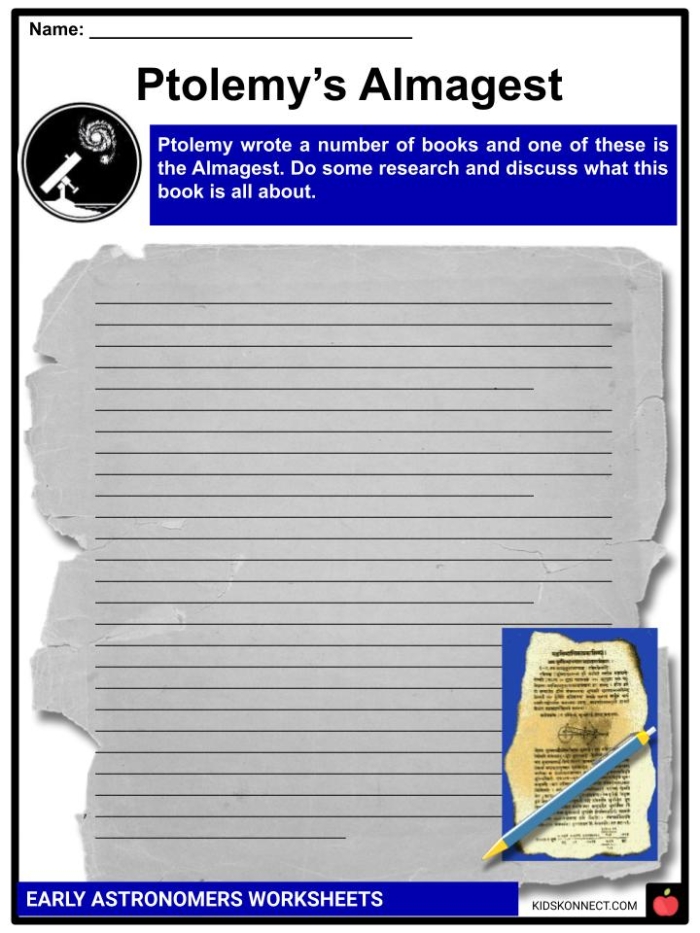 Fourth grade science worksheet featuring illustrations of five famous astronomers and space facts