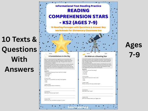 Seventh grade worksheet page featuring a reading comprehension passage about light pollution and astronomy