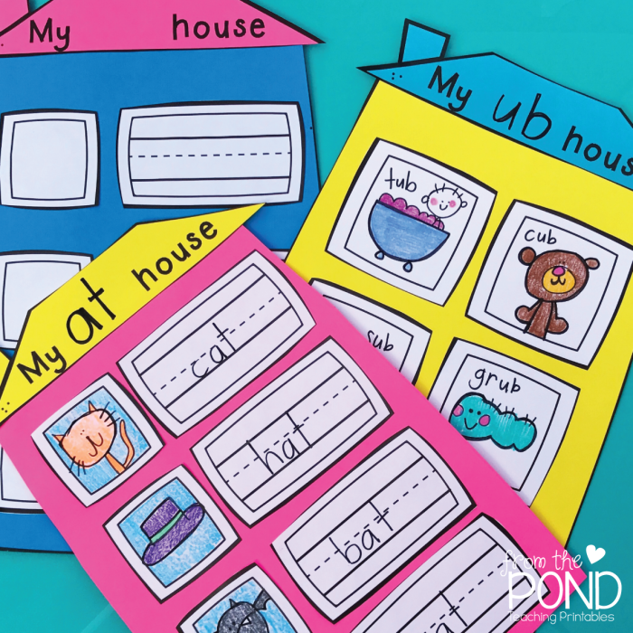 My -at and -ay word family houses worksheet for kindergarten spelling practice