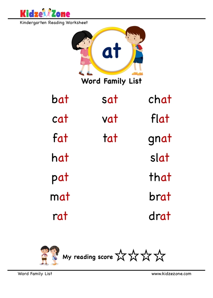 Kindergarten worksheet for learning the at word family by filling in missing letters for illustrated words