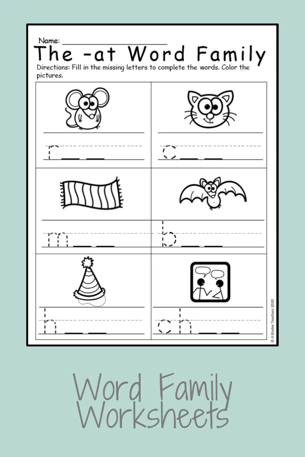 Pictures of words from the at word family with missing first letters for kindergarten students to complete