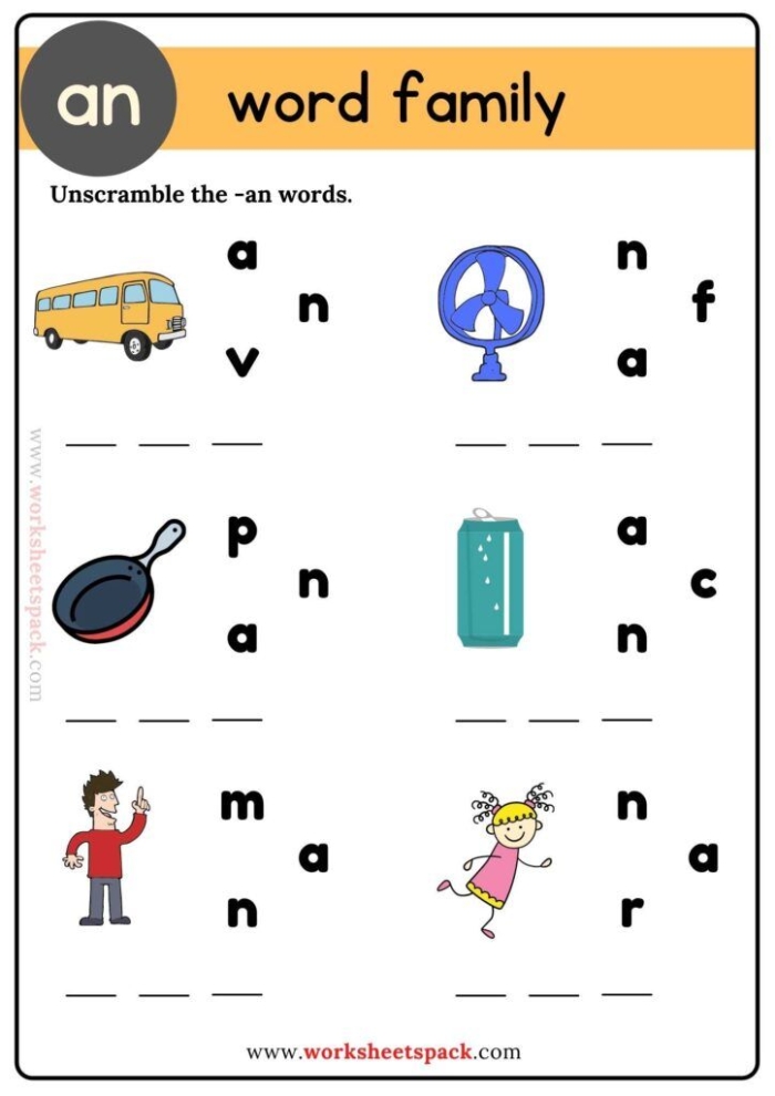 Kindergarten student completing an at family word worksheet by filling in missing letters