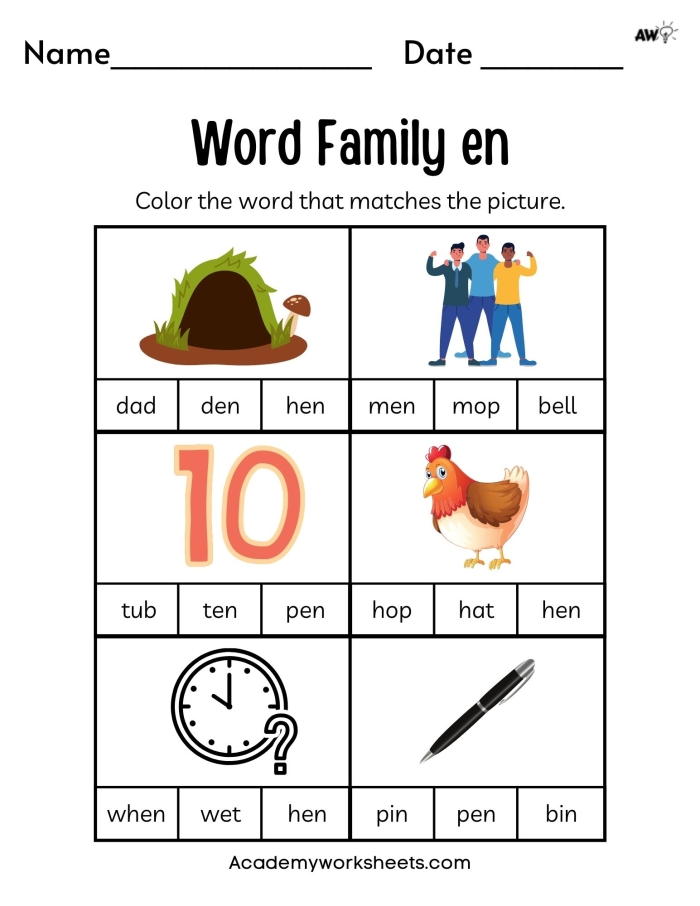 Pictures showing cat, bat, hat, mat, rat, and sat with blanks for the missing first letter in each word from the at word family