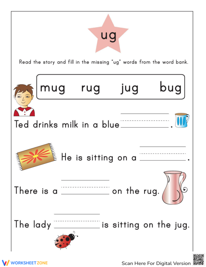 First grade worksheet featuring an engaging story to help children practice words from the at family