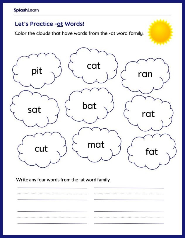 Engaging "at" words worksheet for Pre-K learners Worksheet featuring "at" words with illustrations of a hat, cat, and bat
