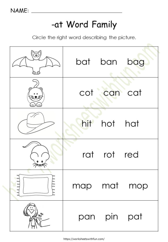 Interactive learning activity for Pre-K students focusing on "at" words Worksheet featuring "at" words with illustrations of a hat, cat, and bat