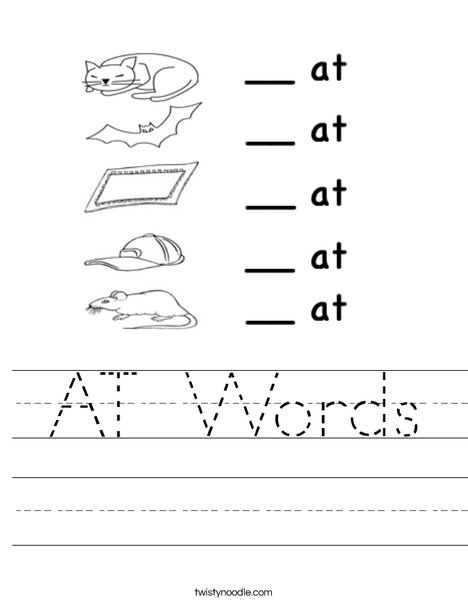 at" words worksheet for Pre-K students with engaging visuals Worksheet featuring "at" words with a hat, cat, and bat illustration