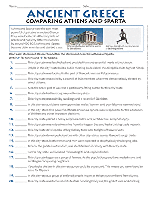 Worksheet comparing the key features of Athens and Sparta in ancient Greece