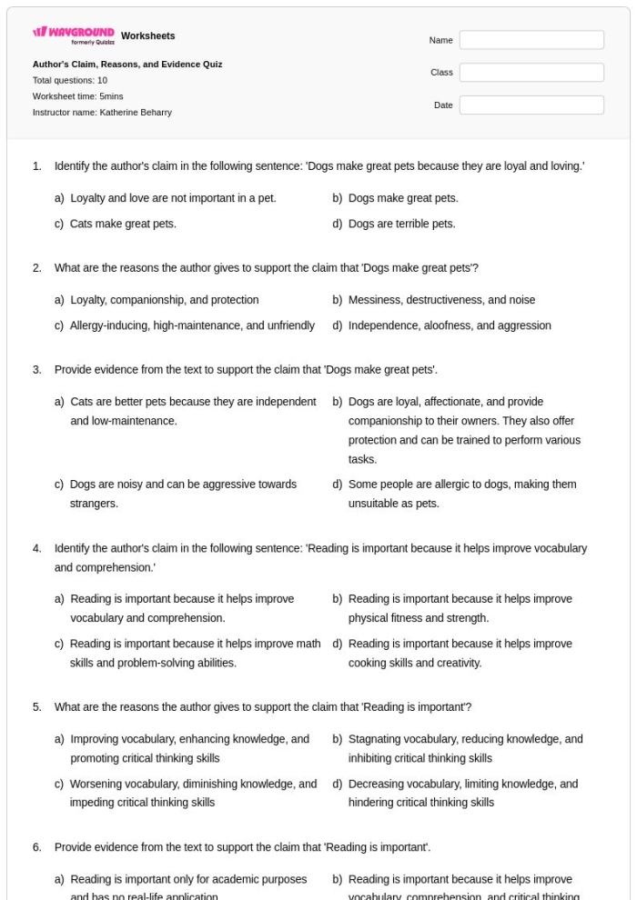 Second grade worksheet featuring a graphic organizer for identifying an author claim reasons and evidence