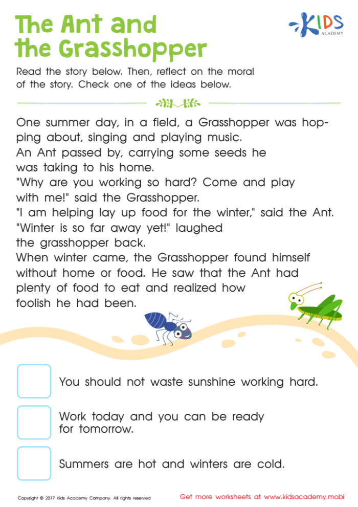 Illustration of the Ant and the Grasshopper fable, used for teaching author’s purpose in a worksheet