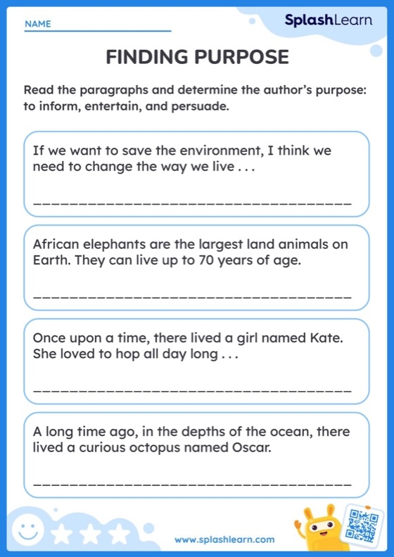 Fourth grade worksheet featuring practice exercises to identify if the author is persuading, informing, or entertaining