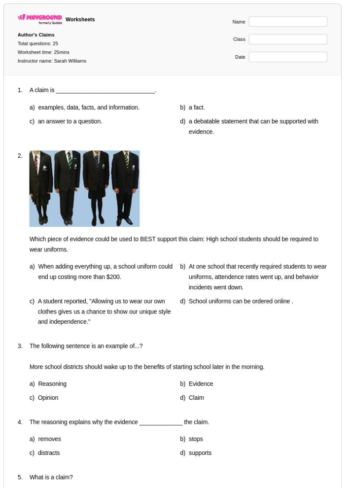 Second grade worksheet showing author's claim, reasons, and evidence graphic organizer for analyzing nonfiction text structure