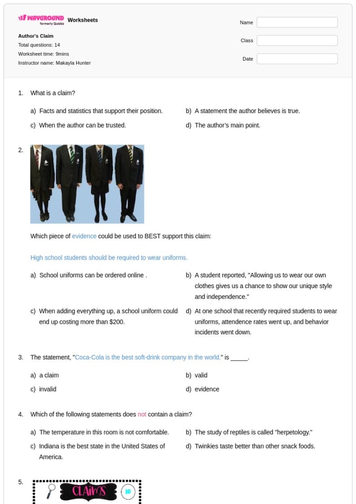 Second grade student worksheet for identifying an author's claim, reasons, and supporting evidence in nonfiction texts