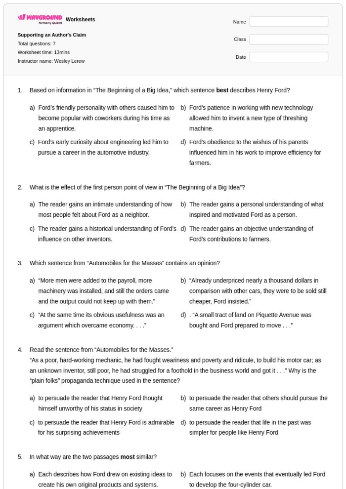 Second grade worksheet for identifying an author's claim, supporting reasons, and evidence in nonfiction text 23