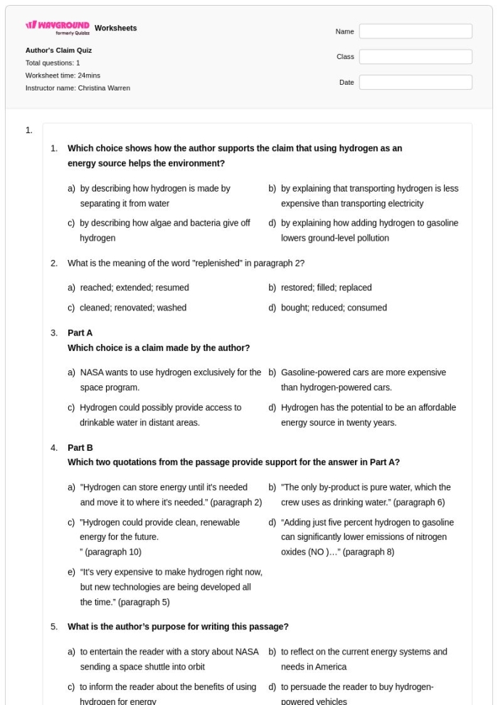 Second grade students analyzing nonfiction text to identify author's claim with supporting reasons and evidence on worksheet activity 16