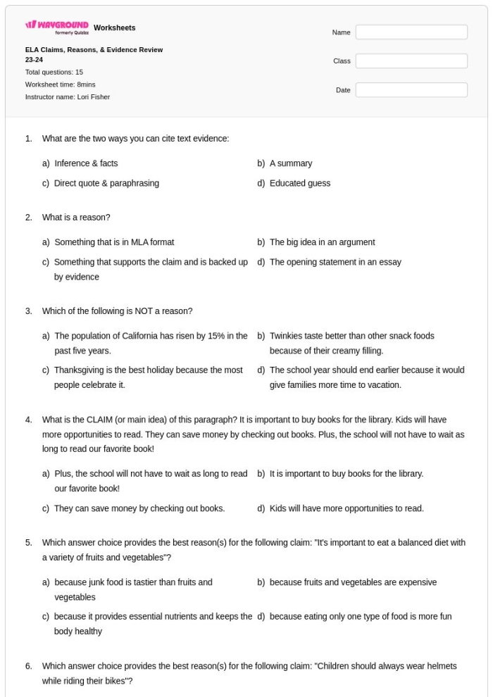 Second grade students identifying an author's claim and supporting evidence on a structured worksheet