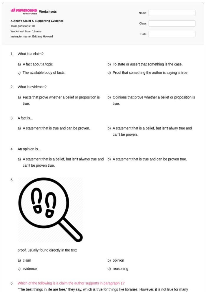 Second grade worksheet showing a graphic organizer for identifying an author's claim, reasons, and evidence from nonfiction texts with spaces to fill in the main point and supporting details
