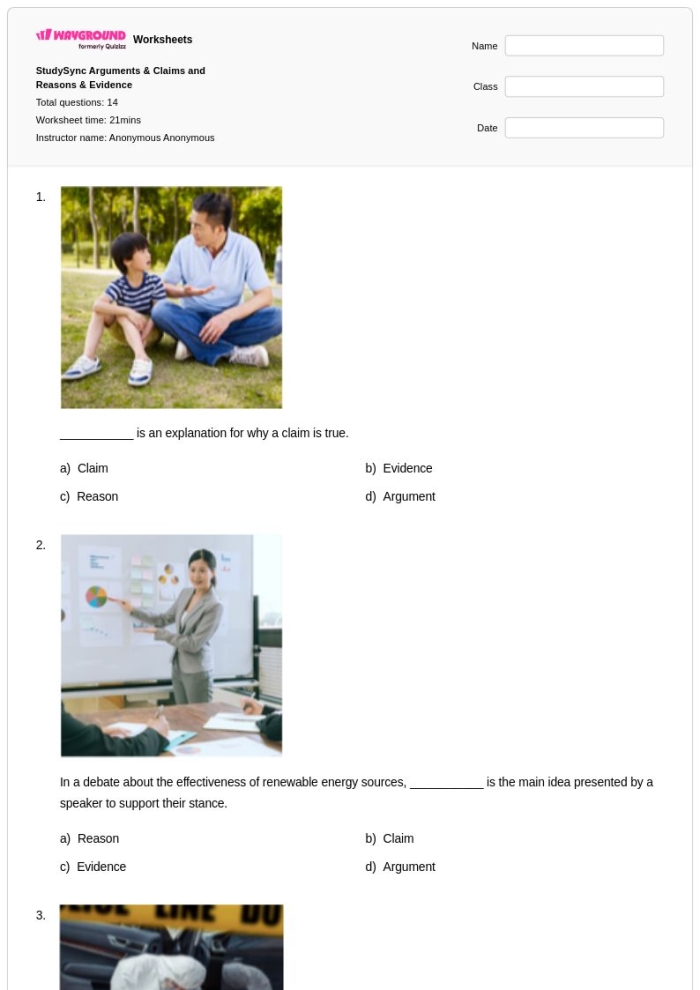 Second grade worksheet showing a graphic organizer for identifying an author's claim, reasons, and evidence from nonfiction texts with spaces to write responses