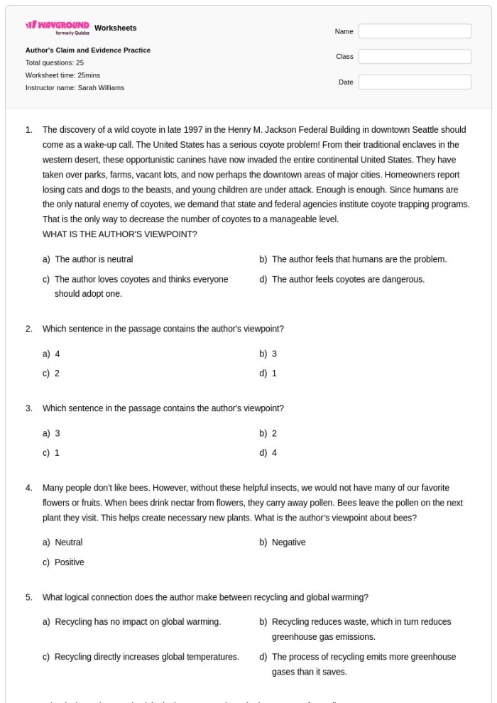 Second grade worksheet showing a graphic organizer for identifying an author's claim, reasons, and evidence from nonfiction texts with boxes and arrows for organizing information