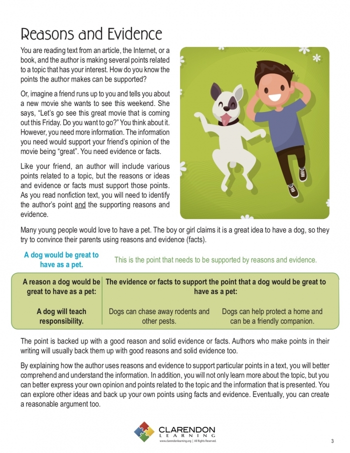 Second grade worksheet for identifying an author's claim reasons and evidence in nonfiction text