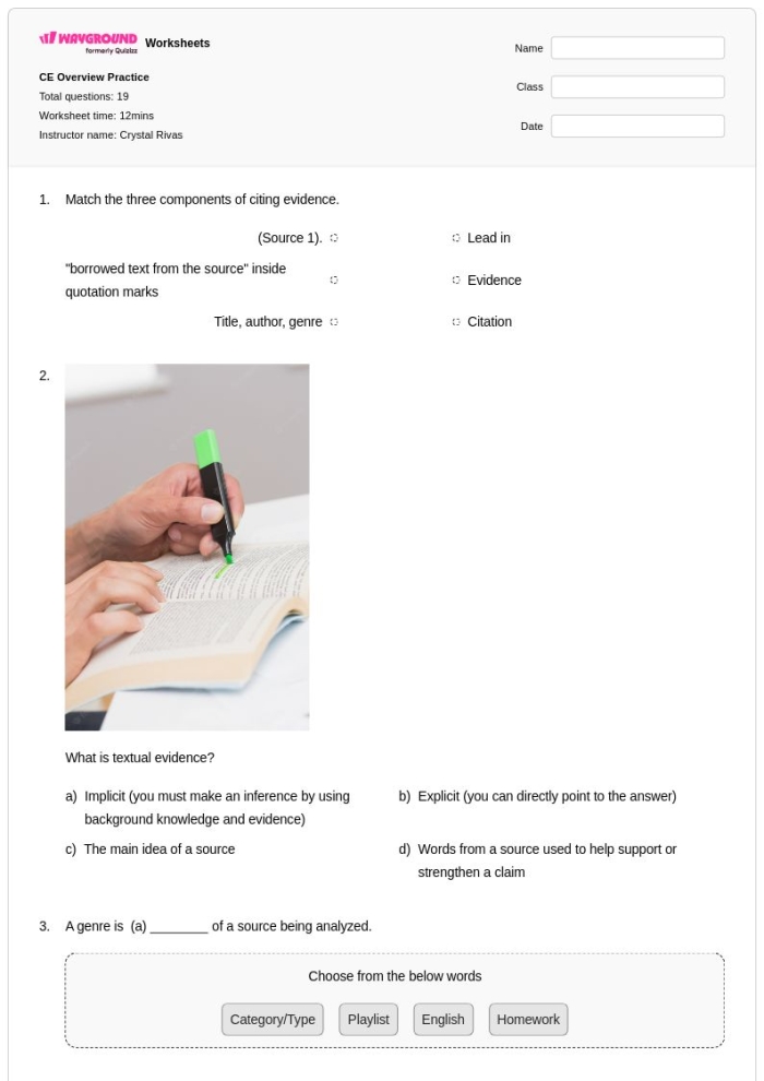 Second grade students completing a worksheet to identify an author's claim, reasons, and evidence from nonfiction text