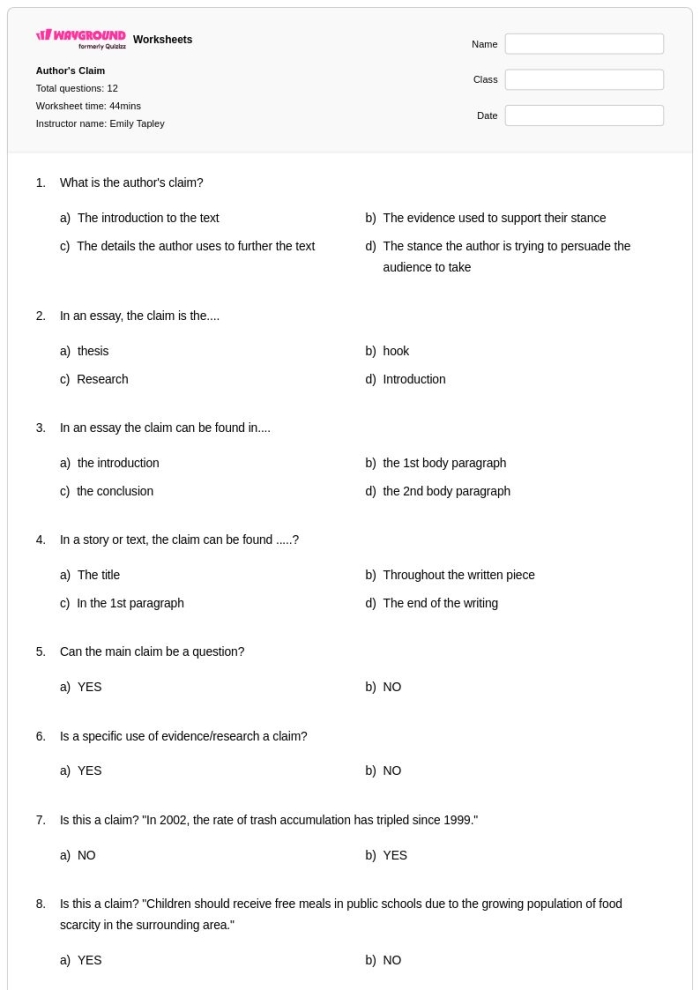 A second grade student worksheet showing spaces to identify an author's claim, supporting reasons, and evidence from a nonfiction text with accompanying illustrations