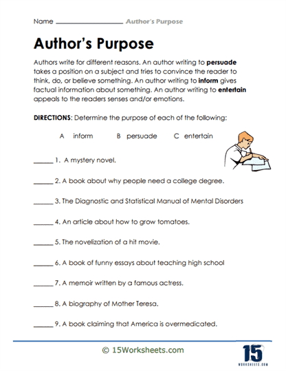 Fourth grade worksheet for identifying the author purpose of informative entertaining and persuasive texts