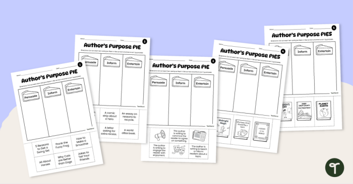 Second grade student completing an author's purpose worksheet by identifying if a story is meant to entertain, explain, or persuade