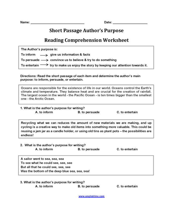 Fourth grade worksheet about identifying the purpose behind an author's writing
