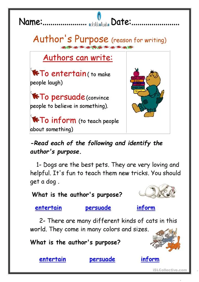 Author Purpose PIE Multiple Choice Worksheet for Grade 3 Image 24 Third grade worksheet about identifying author purpose using the PIE mnemonic device