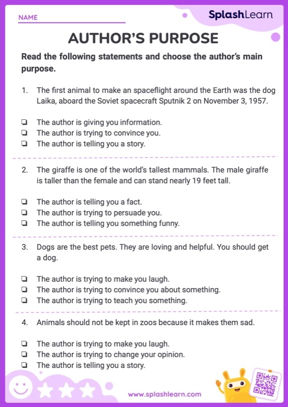 Multiple Choice Worksheet on Author's Purpose for Grade 3 Worksheet illustrating the author's purpose using a P-I-E mnemonic device for third graders