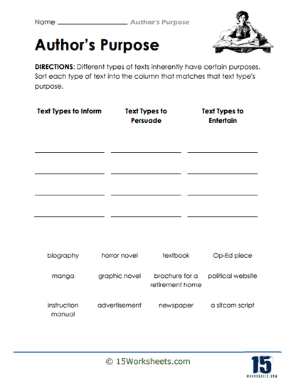 Worksheet for identifying the author's purpose in different texts for fourth graders