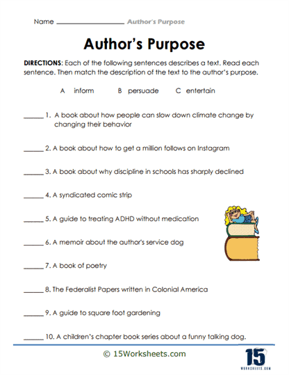 Author's Purpose Multiple Choice Worksheet for Grade 3 - Image 19 Worksheet featuring a multiple choice exercise on identifying the author's purpose for third graders